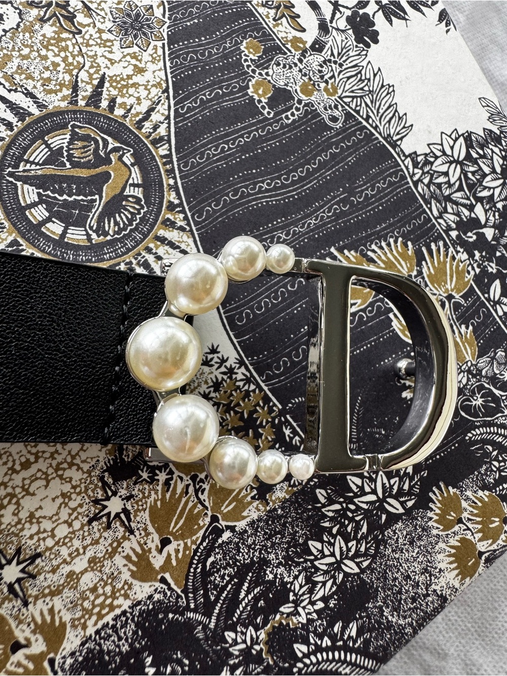 Women CD Pearl-Embellished-Silver Black Leather Belt with box Dior - Picture 2 of 11